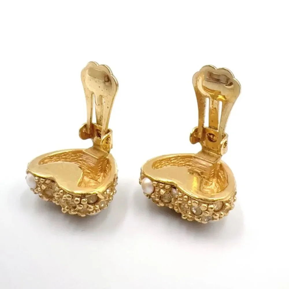Dior Heart Motif Earrings Gold Faux Pearl